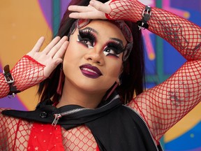 Ruby Chopstix is the Rainbow Resource Centre's first drag artist in residence. She poses for a portrait following her drag performance at The Forks in Winnipeg, Man., Sunday, Feb. 11, 2024.