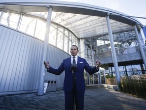 Manitoba Premier Wab Kinew speaks to media in Winnipeg, Wednesday, Oct. 18, 2023. Manitoba Premier Wab Kinew said Tuesday he is considering extending his government's fuel-tax holiday, which is set to expire at the end of June.