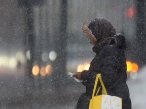 A person wears a parka during snowfall