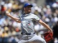 Chris Bassitt #40 of the Toronto Blue Jays pitches during the first inning of a baseball game against the San Diego Padres on April 21, 2024 at Petco Park in San Diego, California.
