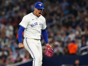 Blue Jays pitcher Jose Berrios reacts during fifth inning against the Mariners at Rogers Centre last night.