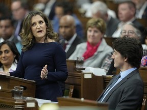 Deputy Prime Minister and Minister of Finance Chrystia Freeland presents the federal budget in the House of Commons in Ottawa on Tuesday, April 16, 2024. The Liberal government has already unveiled significant planks of the budget, including billions of dollars to build more homes, expand child care and beef up the military.