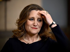 Finance Minister Chrystia Freeland waits for the start of a TV interview after tabling the federal budget, on Tuesday, April 16, 2024.