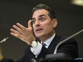 Mirko Bibic, president and CEO of BCE and Bell Canada, speaks during a CRTC hearing in Gatineau, Que., Feb. 19, 2020. Mirko is defending his company's decision to layoff thousands of employees, citing a shift in Canadians viewing habits from traditional TV to online.