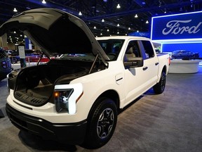 The Ford F-150 Lightning displayed at the Philadelphia Auto Show, Friday, Jan. 27, 2023, in Philadelphia.