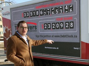 Gage Haubrich, Prairie director of the Canadian Taxpayers Federation, with the provincial debt clock