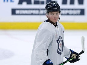 Cole Perfetti during Winnipeg Jets practice on Monday.