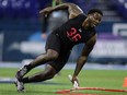 Mississippi State defensive lineman Chauncey Rivers runs a drill at the NFL football scouting combine in 2020.