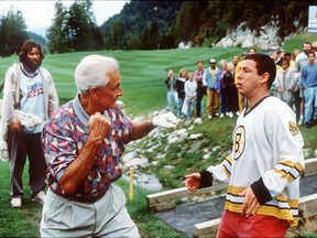 Adam Sandler (right) and Bob Barker square off during a scene in Happy Gilmore.