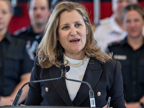 Deputy Prime Minister Chrystia Freeland speaks during a visit to the County of Brant Fire Department’s Cainsville station, just east of Brantford, Ont., on Wednesday, May 8, 2024.