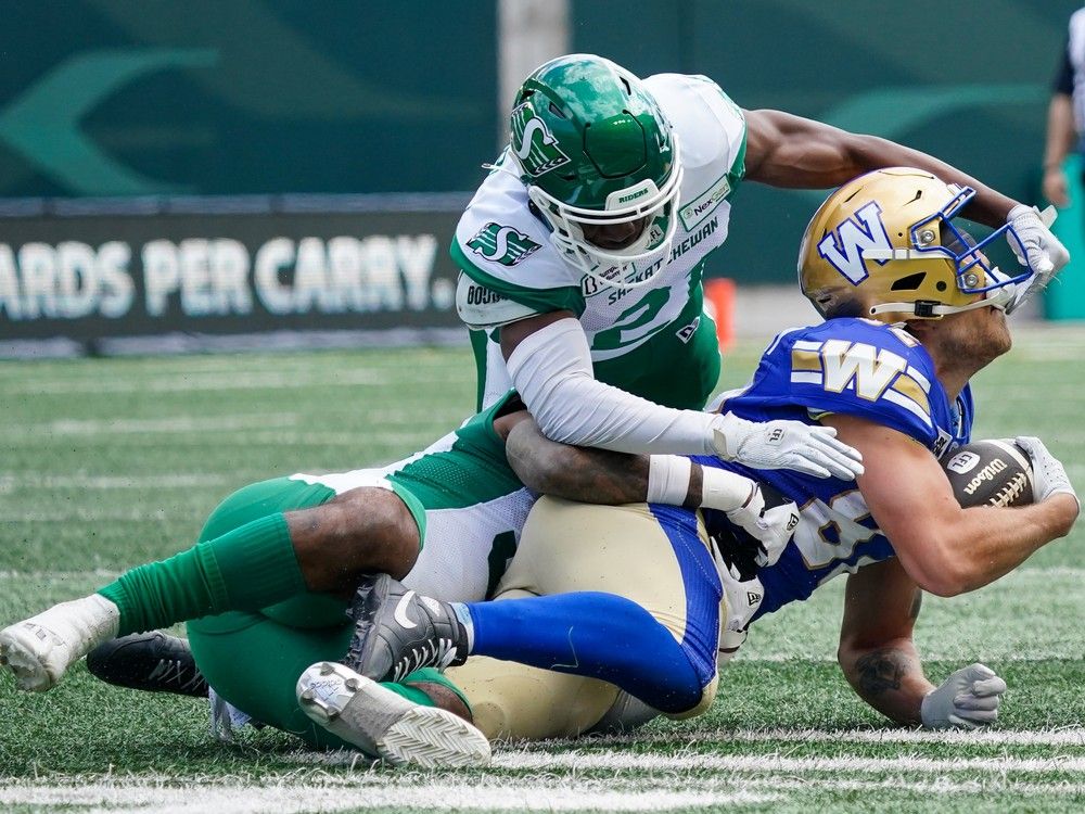 Winnipeg Blue Bombers receiver Drew Wolitarsky (82) is tackled by Saskatchewan Roughriders defenders during the first half of preseason CFL football action in Regina, Monday, May 20, 2024.