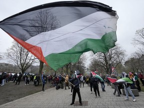 Pro-Palestinian activists wave flags on the outskirts of a protest encampment on the grounds of McGill University, in Montreal, Thursday, May 2, 2024.