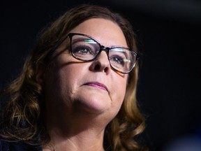 Manitoba Progressive Conservative Leader Heather Stefanson is shown during a speech at the PC election night party in Winnipeg on Tuesday, Oct. 3, 2023. New figures show the Manitoba Progressive Conservatives finished last year with $1.2 million in debt and other liabilities.
