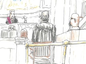 Court of King's Bench Chief Justice Glenn Joyal, left, defence lawyer Leonard Tailleur, centre, and Jeremy Skibicki, right, are shown in this courtroom sketch in Winnipeg on April 29, 2024.