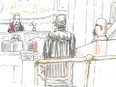 Court of King's Bench Chief Justice Glenn Joyal, left, defence lawyer Leonard Tailleur, centre, and Jeremy Skibicki, right, are shown in this courtroom sketch in Winnipeg on April 29, 2024.