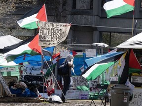 Pro-Palestinian activists at their encampment on McGill University campus, in Montreal, Monday, May 6, 2024.