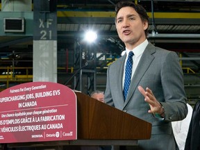 Prime Minister Justin Trudeau speaks at an event at the Honda of Canada Manufacturing Plant 2 in Alliston, Ont., on April 25, 2024.