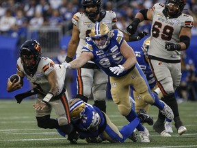 Winnipeg Blue Bombers defenders sack B.C. quarterback