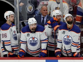 SUNRISE, FLORIDA - JUNE 08: The Edmonton Oilers bench reacts to the loss to the Florida Panthers after Game One of the 2024 Stanley Cup Final at Amerant Bank Arena on June 08, 2024 in Sunrise, Florida.