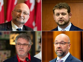 These MPs have either recently resigned or have announced their intention to resign, leading to the possibility of four more federal byelections this year. Top row from left: former Liberal MP David Lametti, former NDP MP Daniel Blaikie; bottom row from left: former Liberal MP John Aldag, current Liberal MP Andy Fillmore.