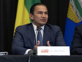 Manitoba Premier Wab Kinew speaks during the media availability at the 2024 Western Premiers Conference in Whitehorse, Monday, June 10, 2024. A plan to search a Winnipeg-area landfill for the remains of two slain First Nations women has been given the green light by environmental regulators. CANADIAN PRESS/Crystal Schick