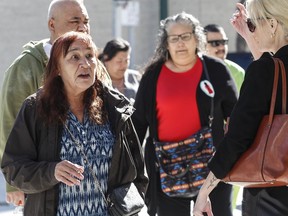 Donna Bartlett, grandmother of Marcedes Myran, and other families and supporters of murdered women enter the Manitoba Law Courts for the trial of Jeremy Skibicki in Winnipeg on Tuesday, May 8, 2024.