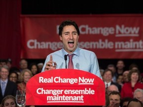 Canadian Liberal Party leader Justin Trudeau speaks at a victory rally in Ottawa on October 20, 2015 after winning the general elections.