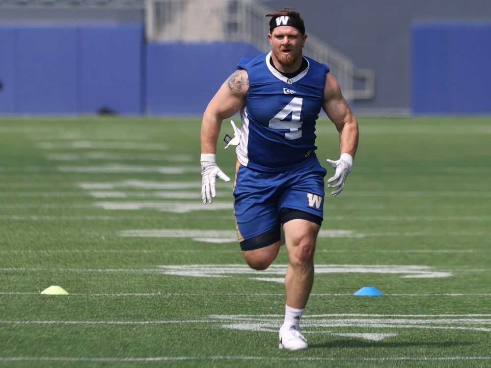 Adam Bighill on the move as the Winnipeg Blue Bombers training camp opened on Sunday, May 12, 2024. The veteran linebacker was back in full pads for Bombers practice on Sunday, June 9, 2024, and could suit up for Thursday's CFL game in Ottawa. 