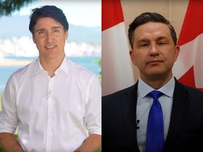 Prime Minister Justin Trudeau, left, and Conservative Leader Pierre Poilievre address the nation in Canada Day videos.