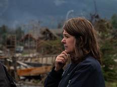Premier Danielle Smith tours Jasper, Alta., on Friday, July 26, 2024. Wildfires encroaching into the townsite of Jasper forced an evacuation of the national park.