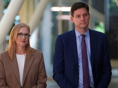 B.C. Premier David Eby, right, and Finance Minister Brenda Bailey, left, listen during an announcement about increasing the tax credit for game developers, at Electronic Arts in Burnaby, B.C., on Monday, July 7, 2025.